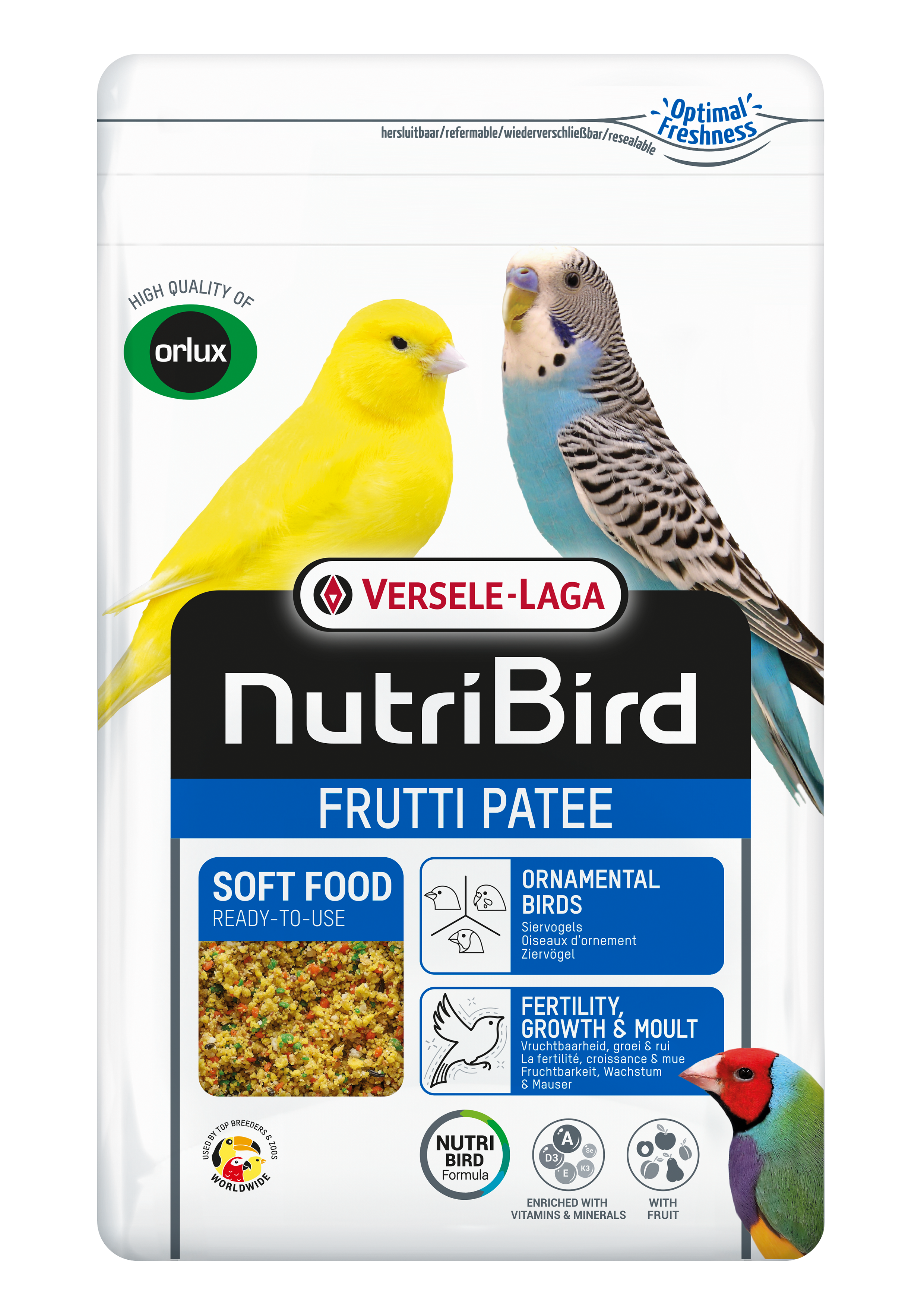 VERSELE-LAGA NutriBird FRUTTI PATEE vaječné krmivo vlhčené s medem a kousky ovoce pro kanáry, exotické ptactvo a malé papoušky 1 Kg
